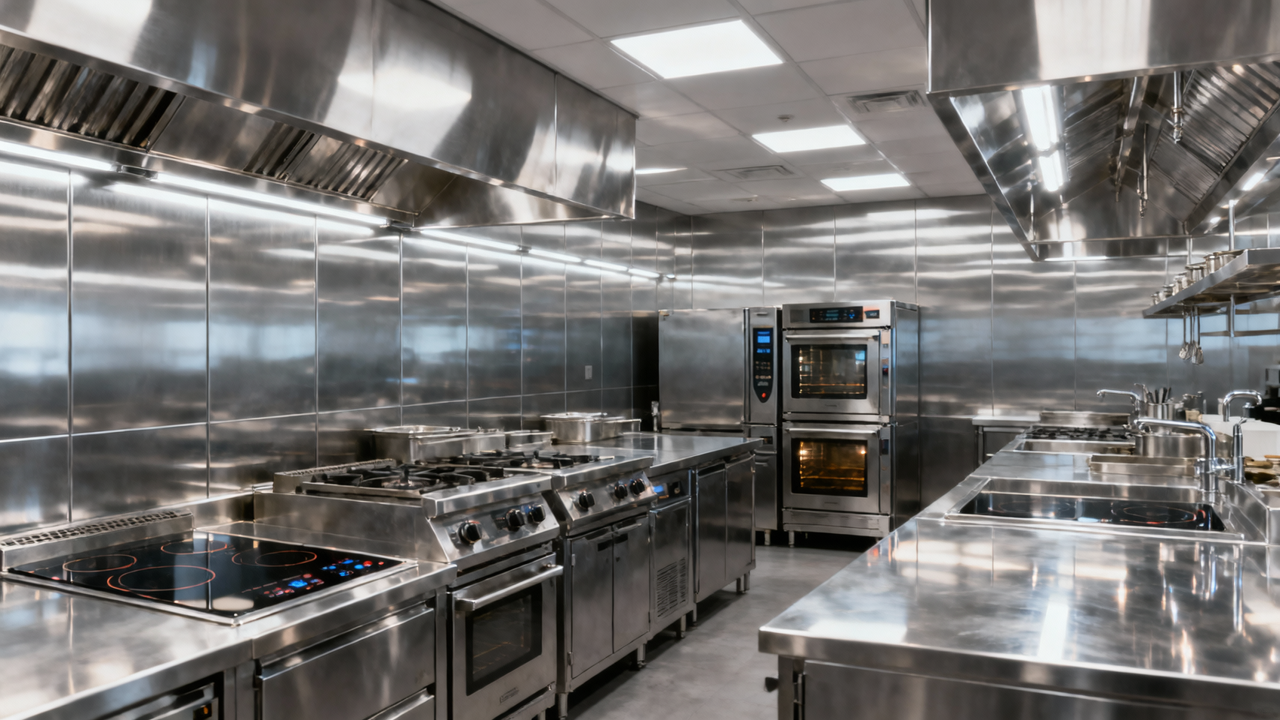 Commercial kitchen with stainless steel wall cladding